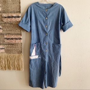 Vintage Denim Cropped Jumpsuit Sailboat W/Pockets!